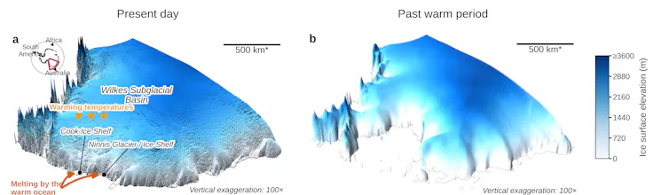 Three dimensional perspectives showing the shape and elevation of the Antarctic Ice Sheet and highlighting the Cook and Ninnis glacier locations.