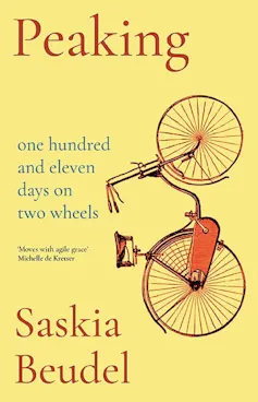 book cover: Peaking – yellow, with a bicycle on it