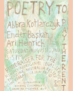 A poster for Poetry to Pay the Rent: names against a green and brown-pink colour scheme.