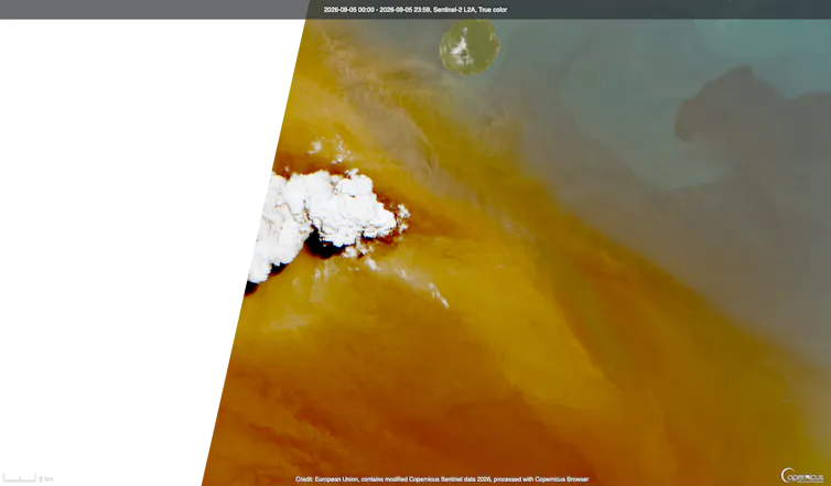 Satellite image of Anak Krakatoa erupting.