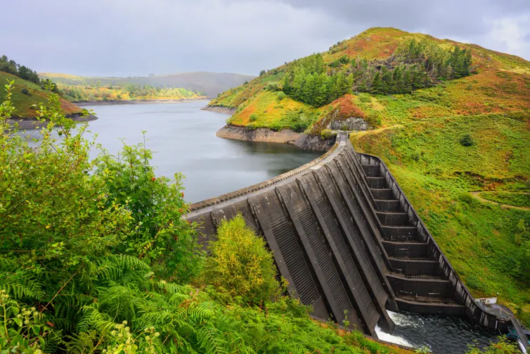 autumn trees and green countryside, big dam with full lake