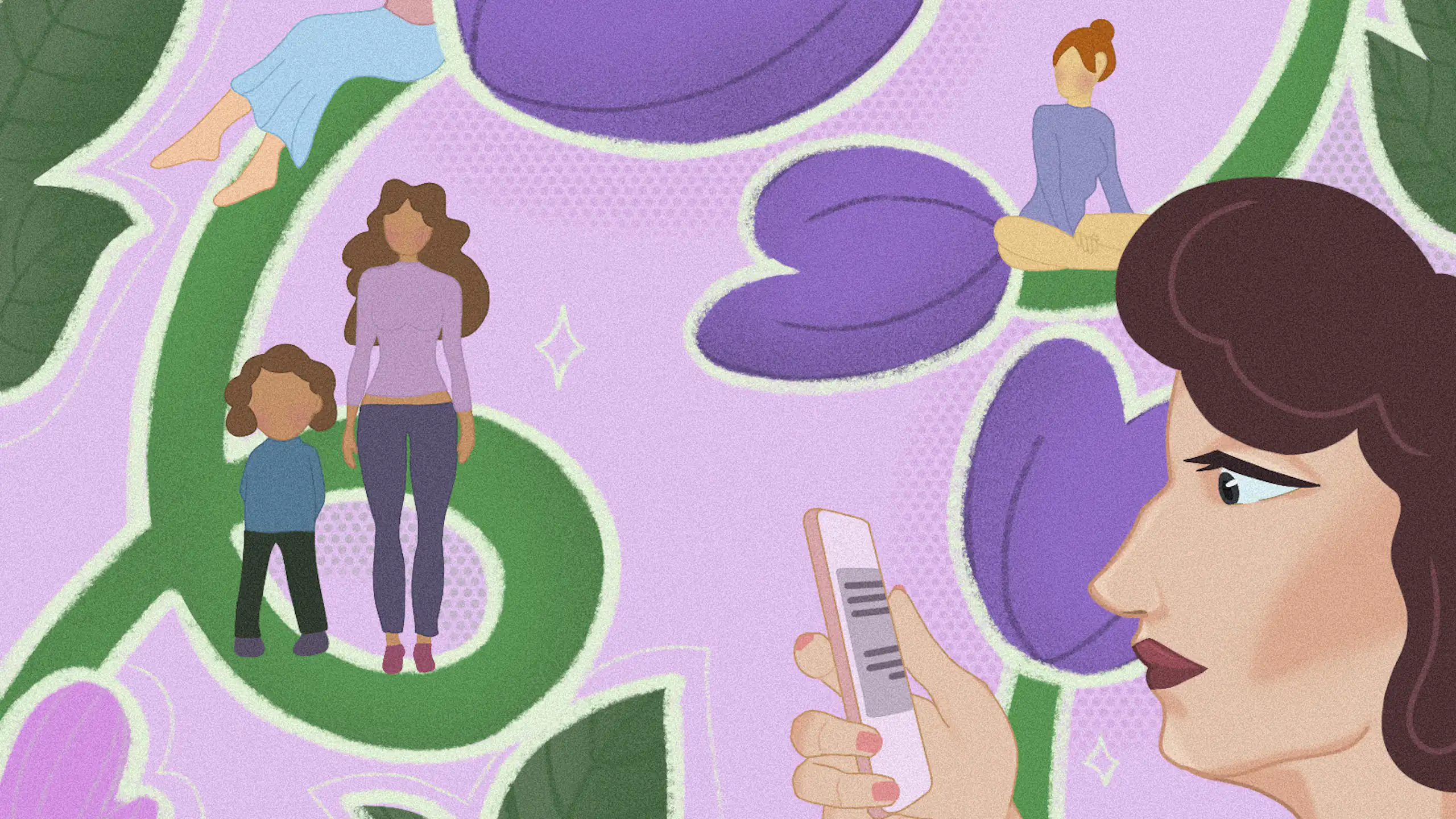 Ilustração mostra uma mulher ao celular. No fundo lilás, flores roxas onde se vêem outras mulheres