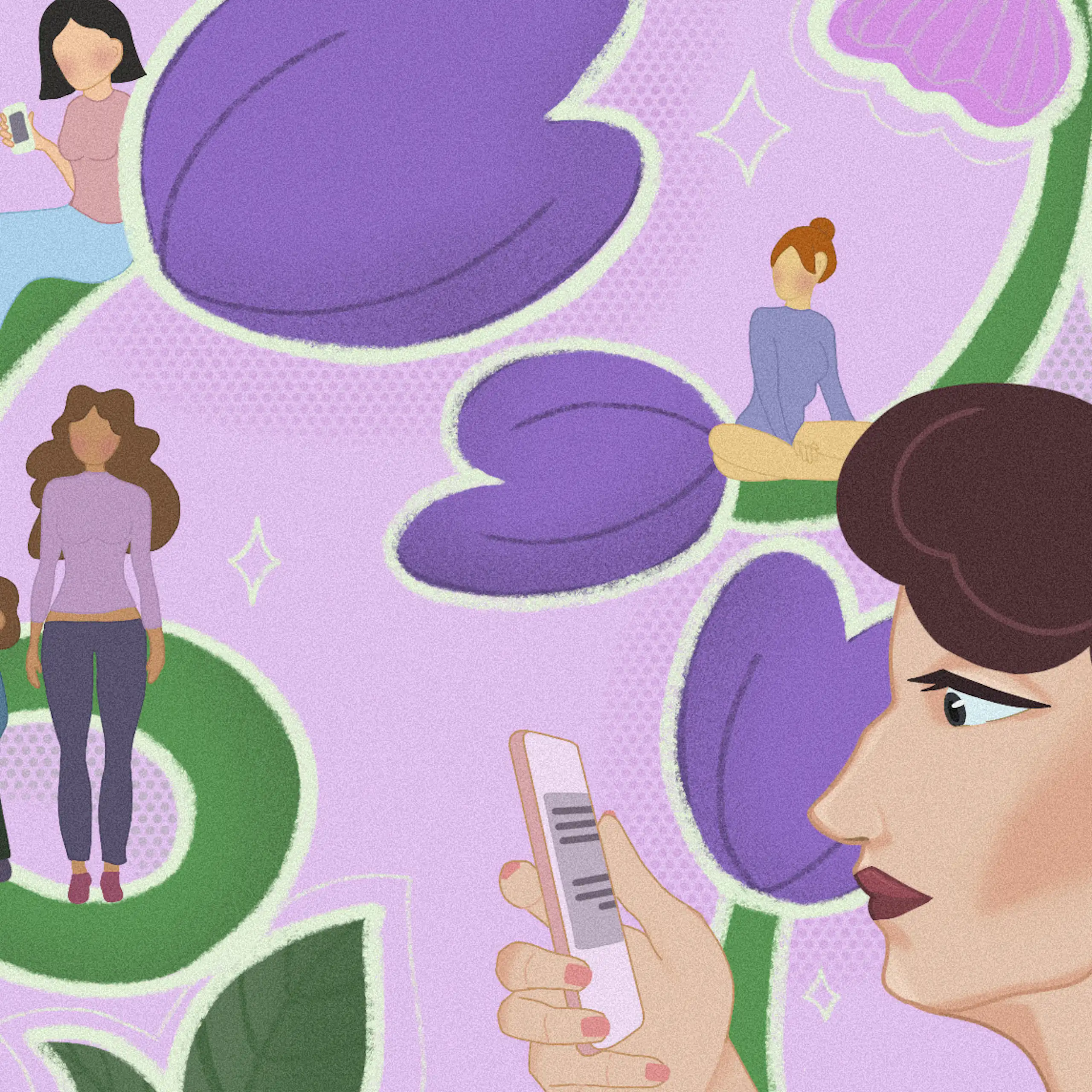 Ilustração mostra uma mulher ao celular. No fundo lilás, flores roxas onde se vêem outras mulheres