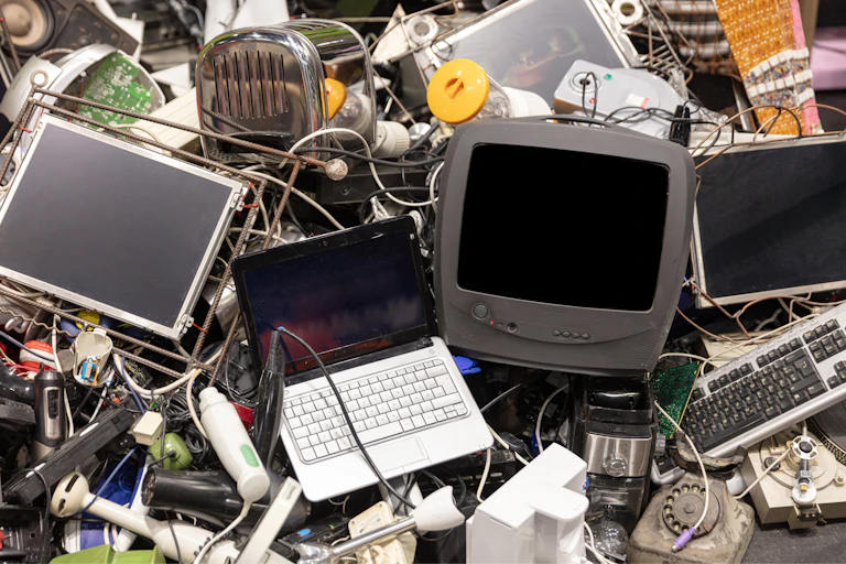old electronic devices in pile for recycling