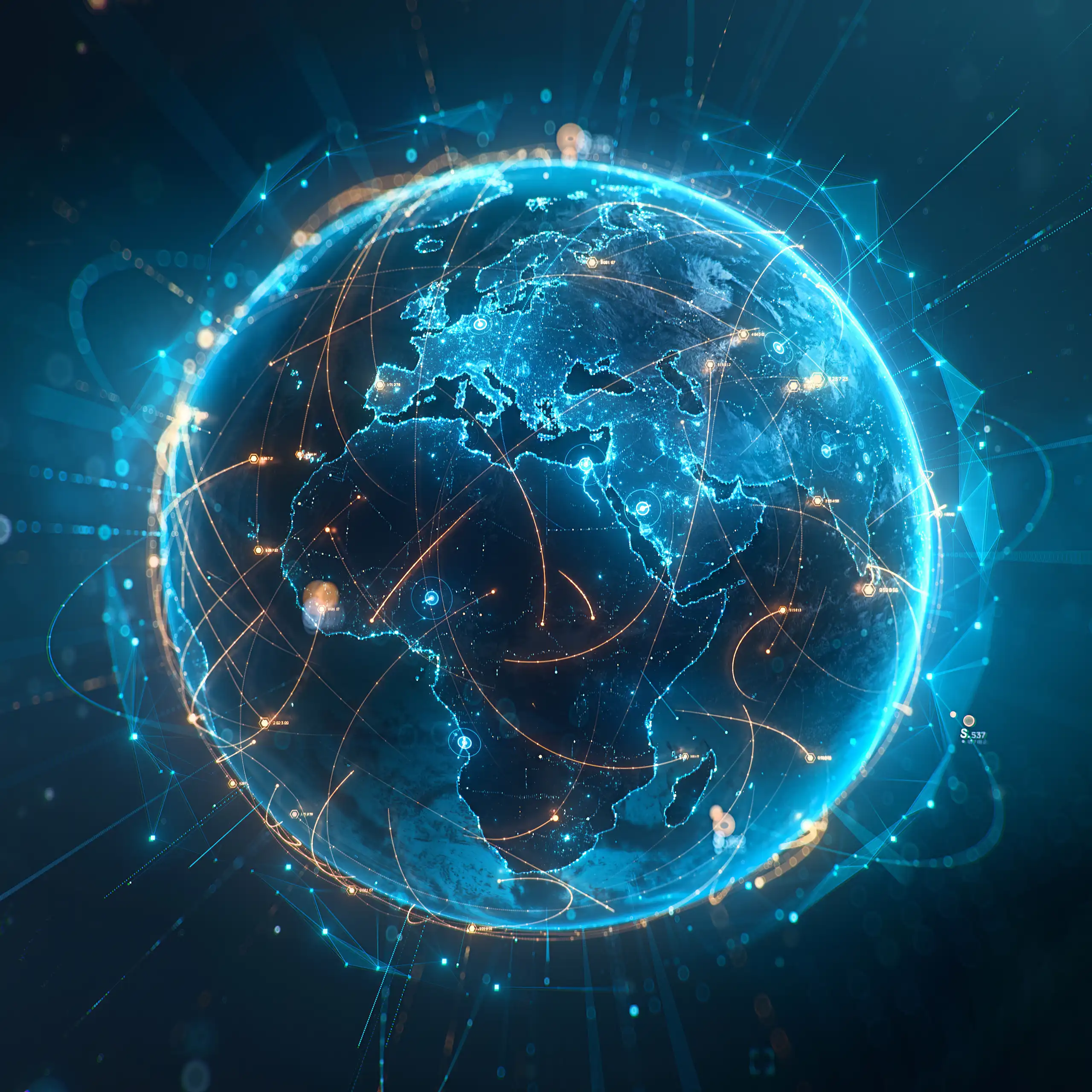 Représentation imaginaire des connexions de réseaux autour du Globe.