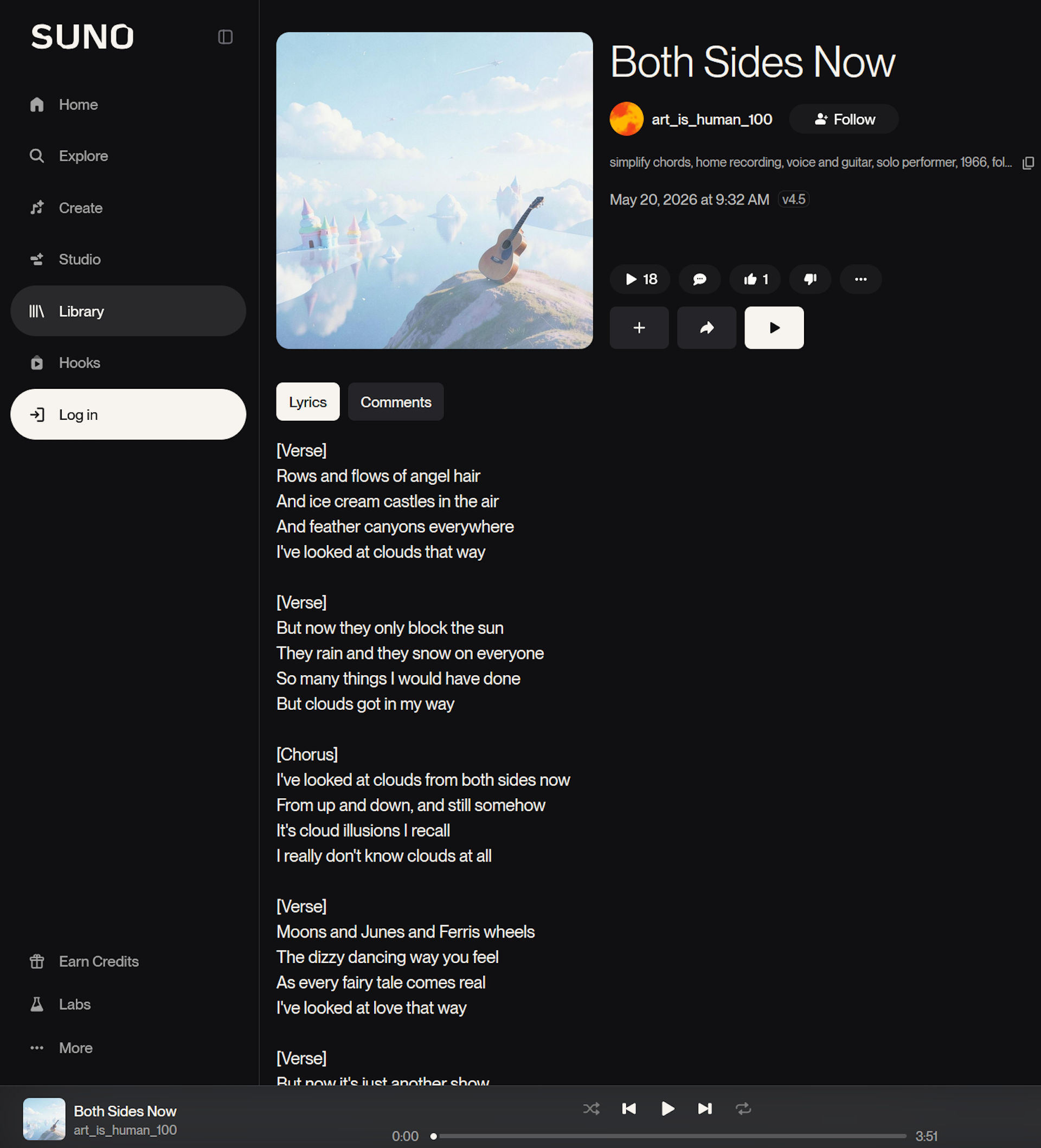 Screenshot showing lyrics to 'Both Sides Now.'