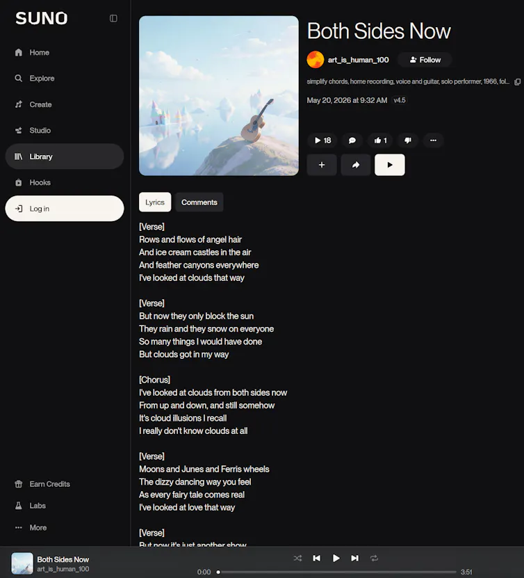 Screenshot showing lyrics to 'Both Sides Now.'
