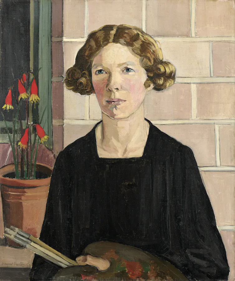 Oil painting of the artist holding paintbrushes.