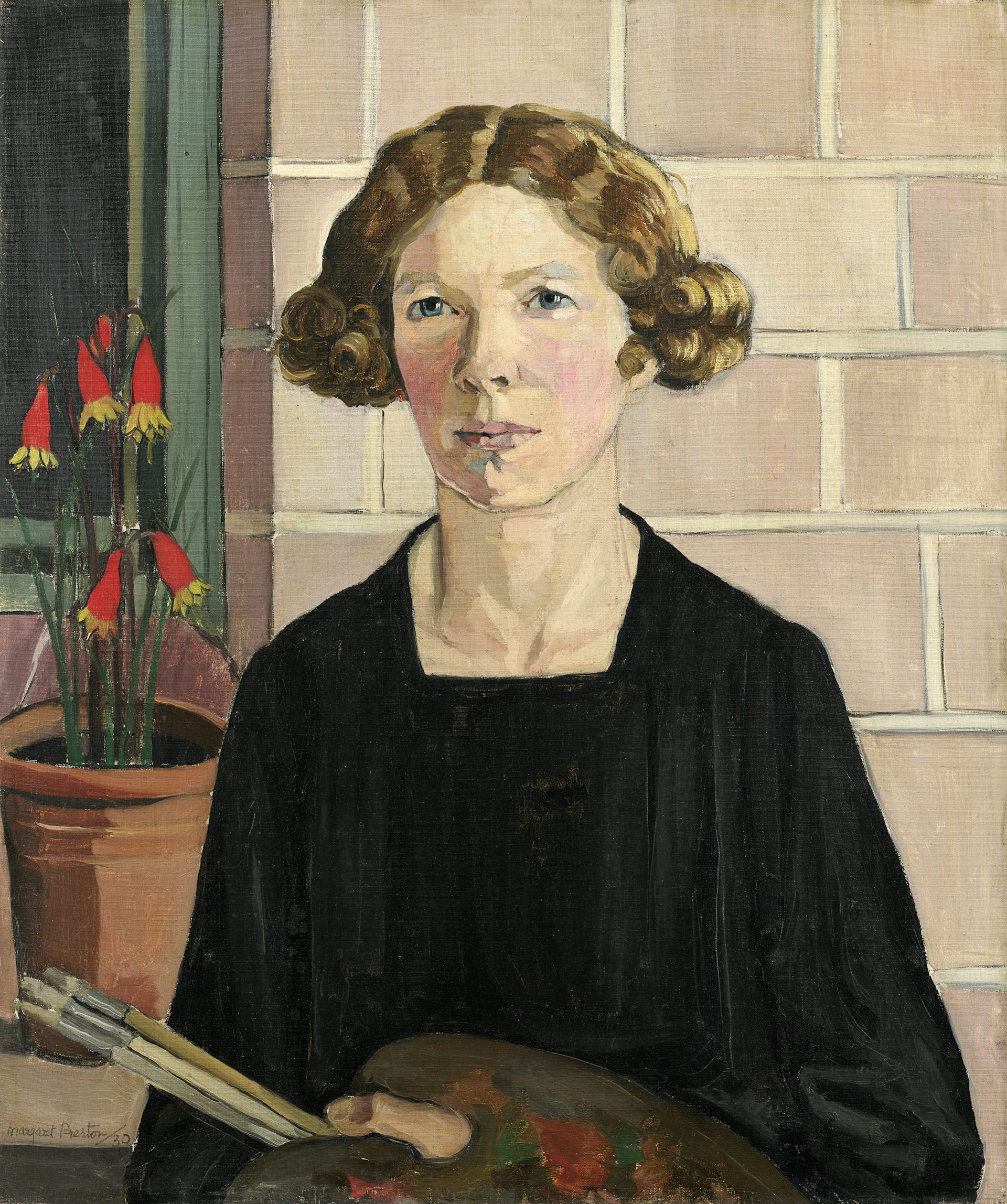 Oil painting of the artist holding paintbrushes.