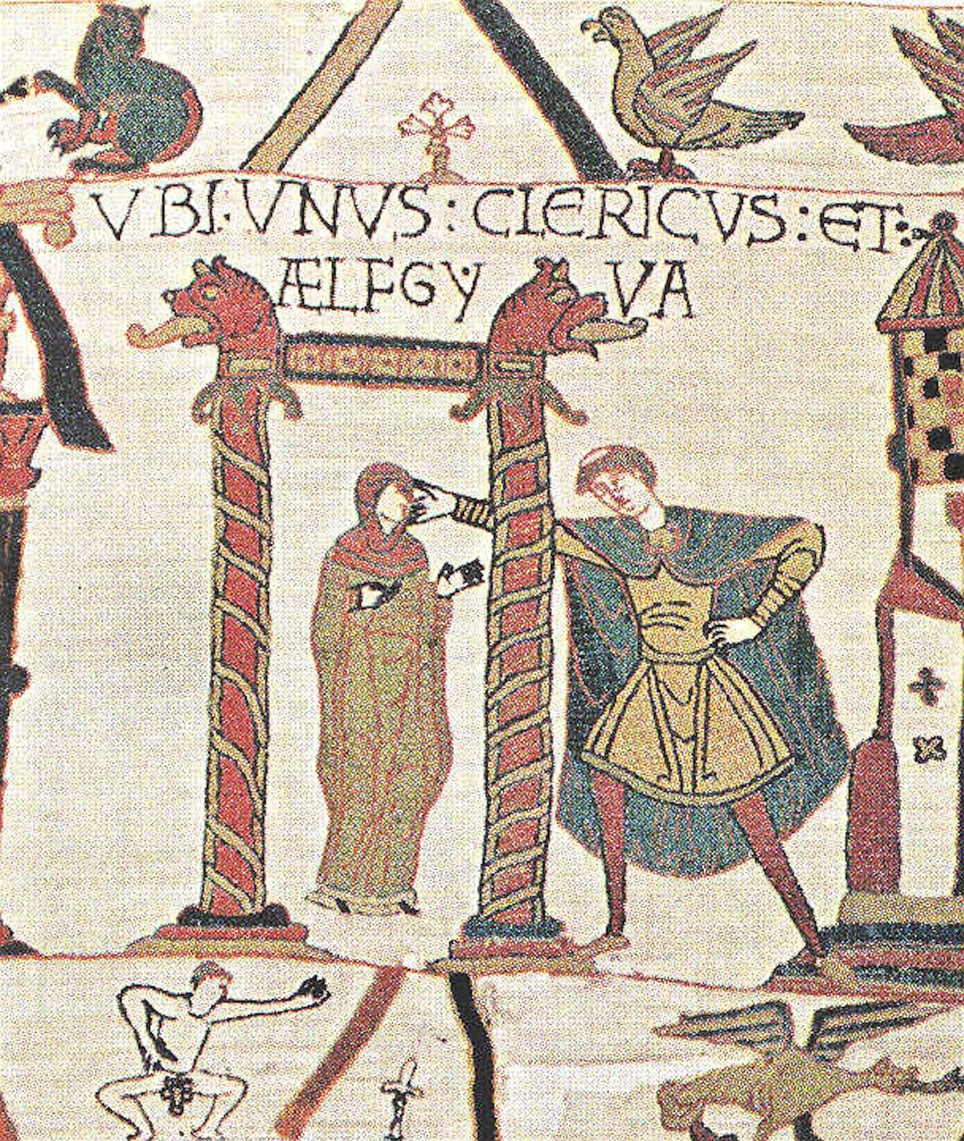 A scene from the Bayeux tapestry showing a woman with a priest touching her head and a naked man in the margin beneath.