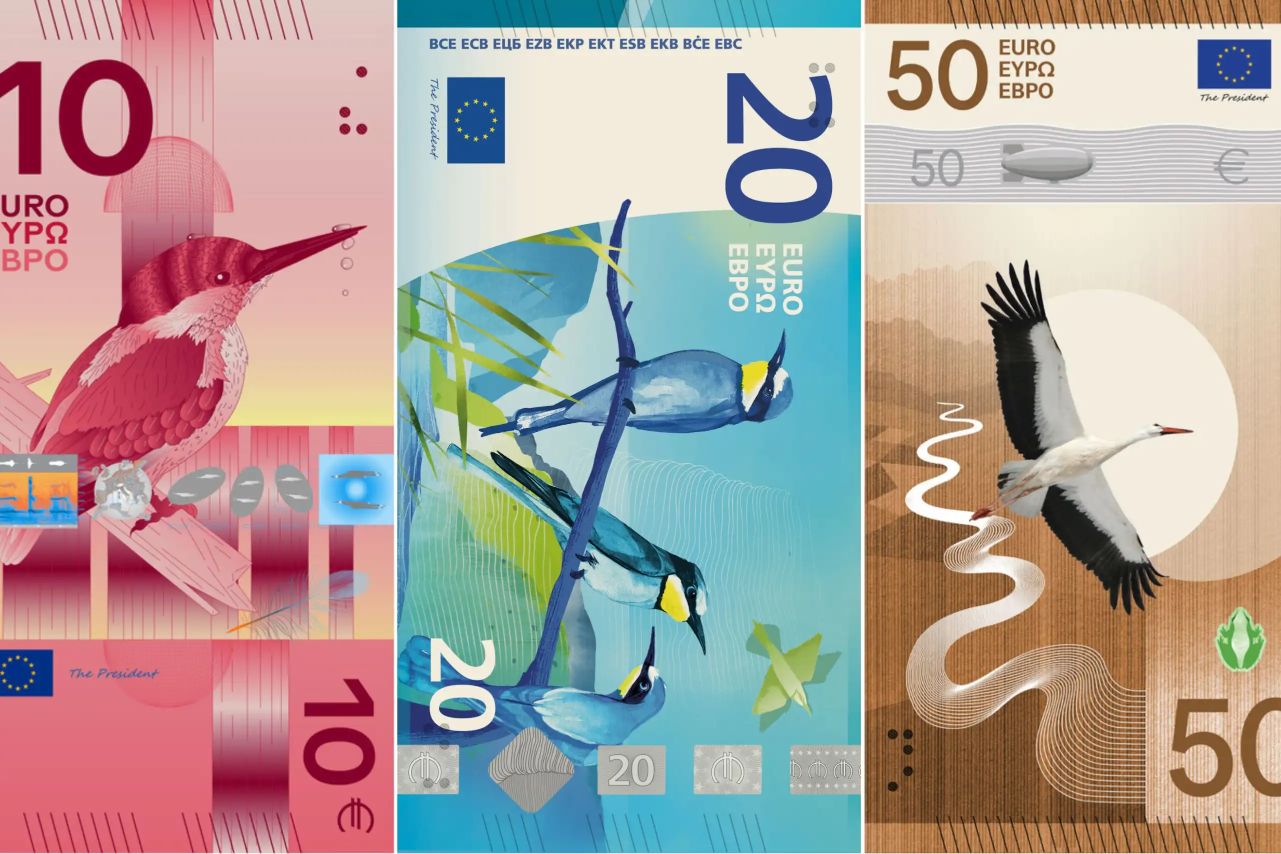 Billets de 5, 10, 20, 50 et 100 euros portant illustration des différentes espèces d’oiseaux sélectionnées par la BCE.