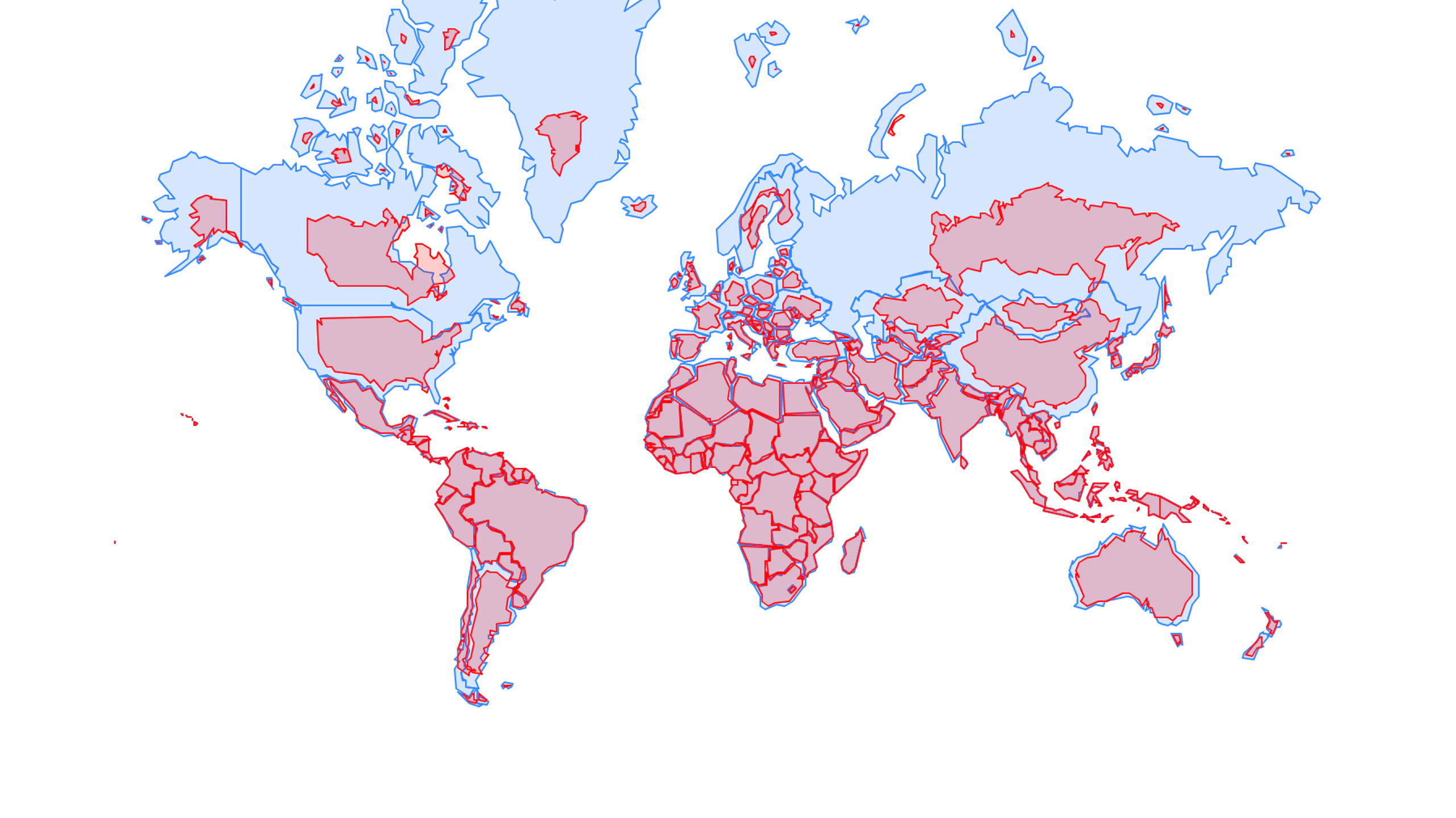 a map showing mercator's enlarged countries overlapped with smaller projections depicting their true size