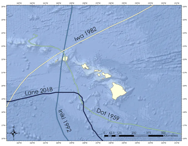 A map shows the paths of Hurricanes Iwa, Iniki, Lane and Dot across the Hawaiian Islands.