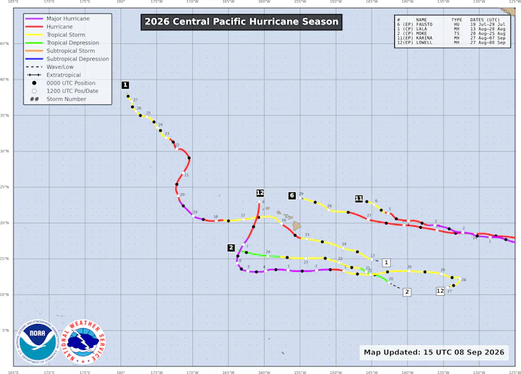 A map of storm tracks in the central Pacific.