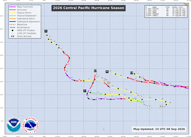 A map of storm tracks in the central Pacific.