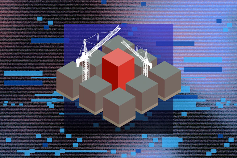 3D blocks and building cranes on a textured background