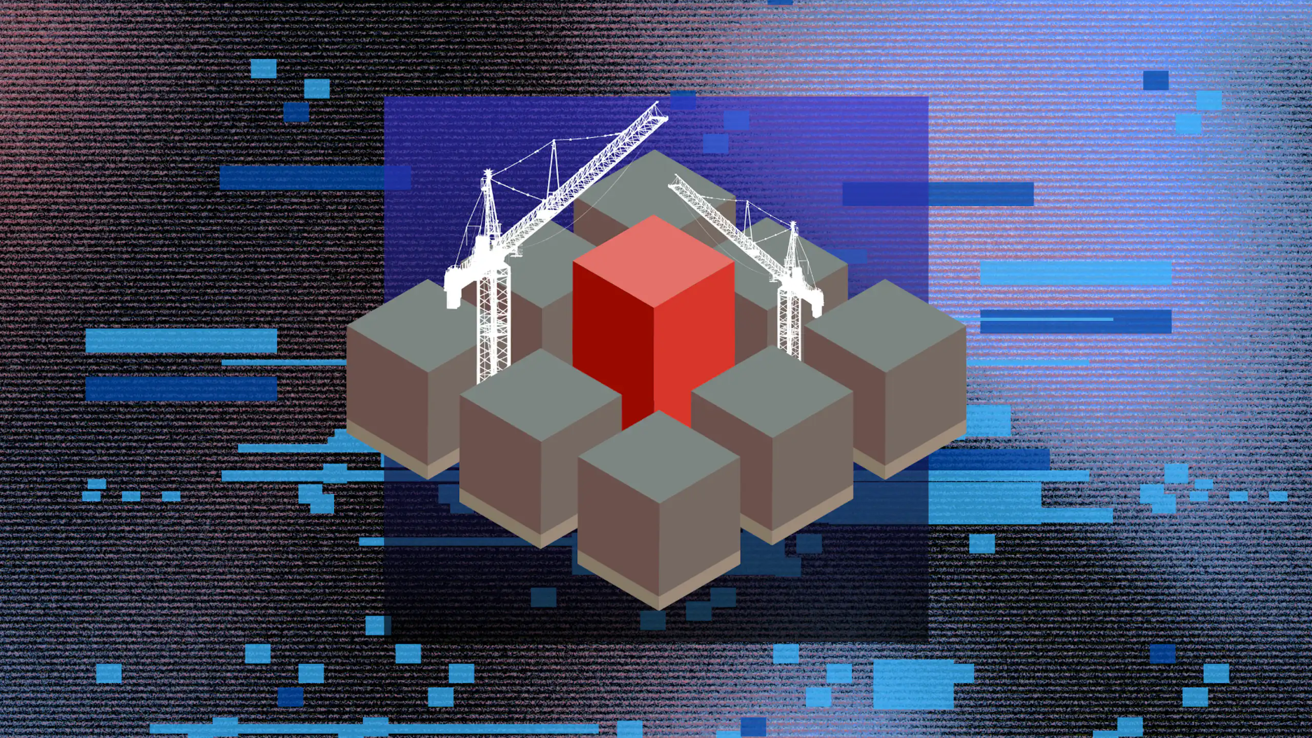 3D blocks and building cranes on a textured background