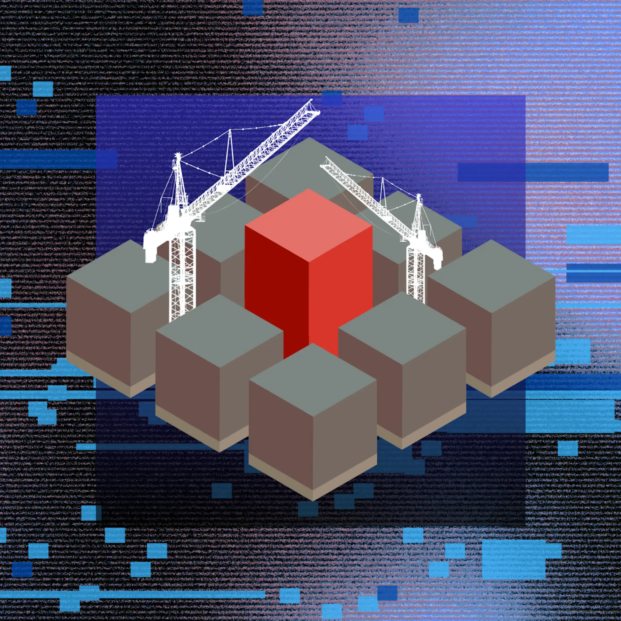 3D blocks and building cranes on a textured background