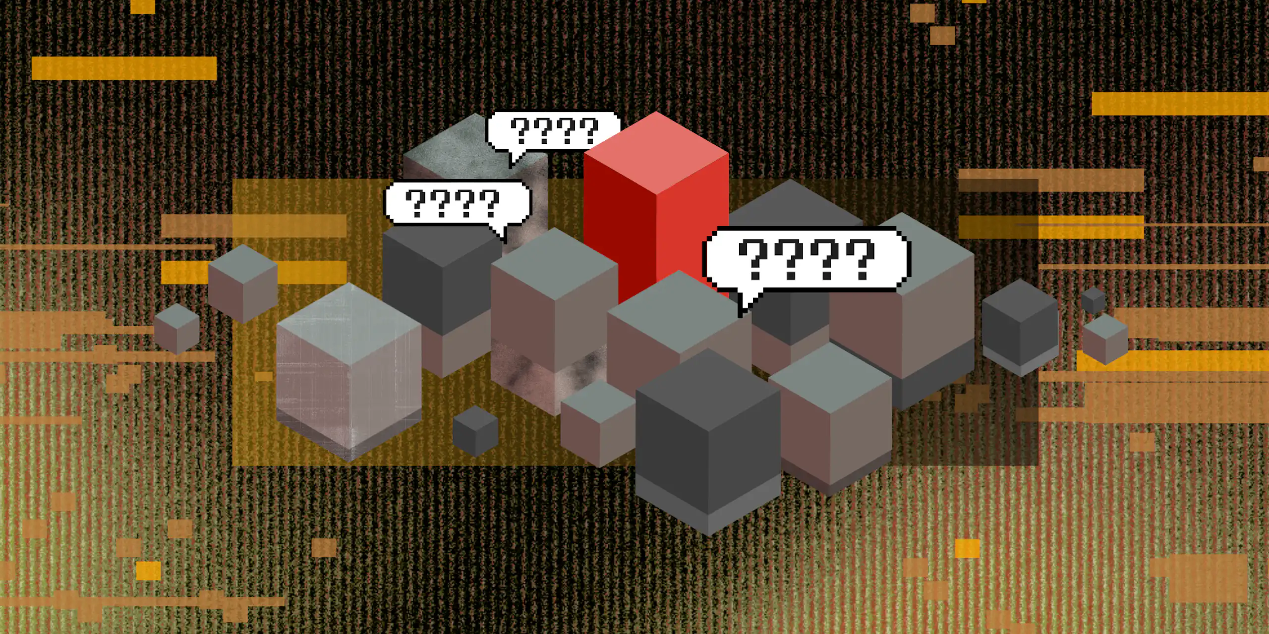 3D blocks and speech bubbles on a textured background.