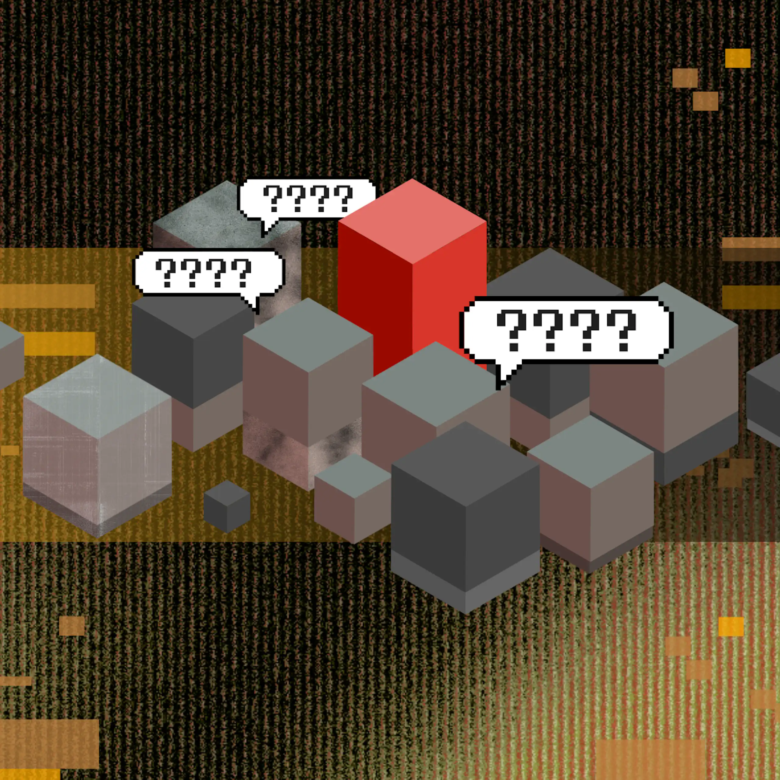3D blocks and speech bubbles on a textured background.