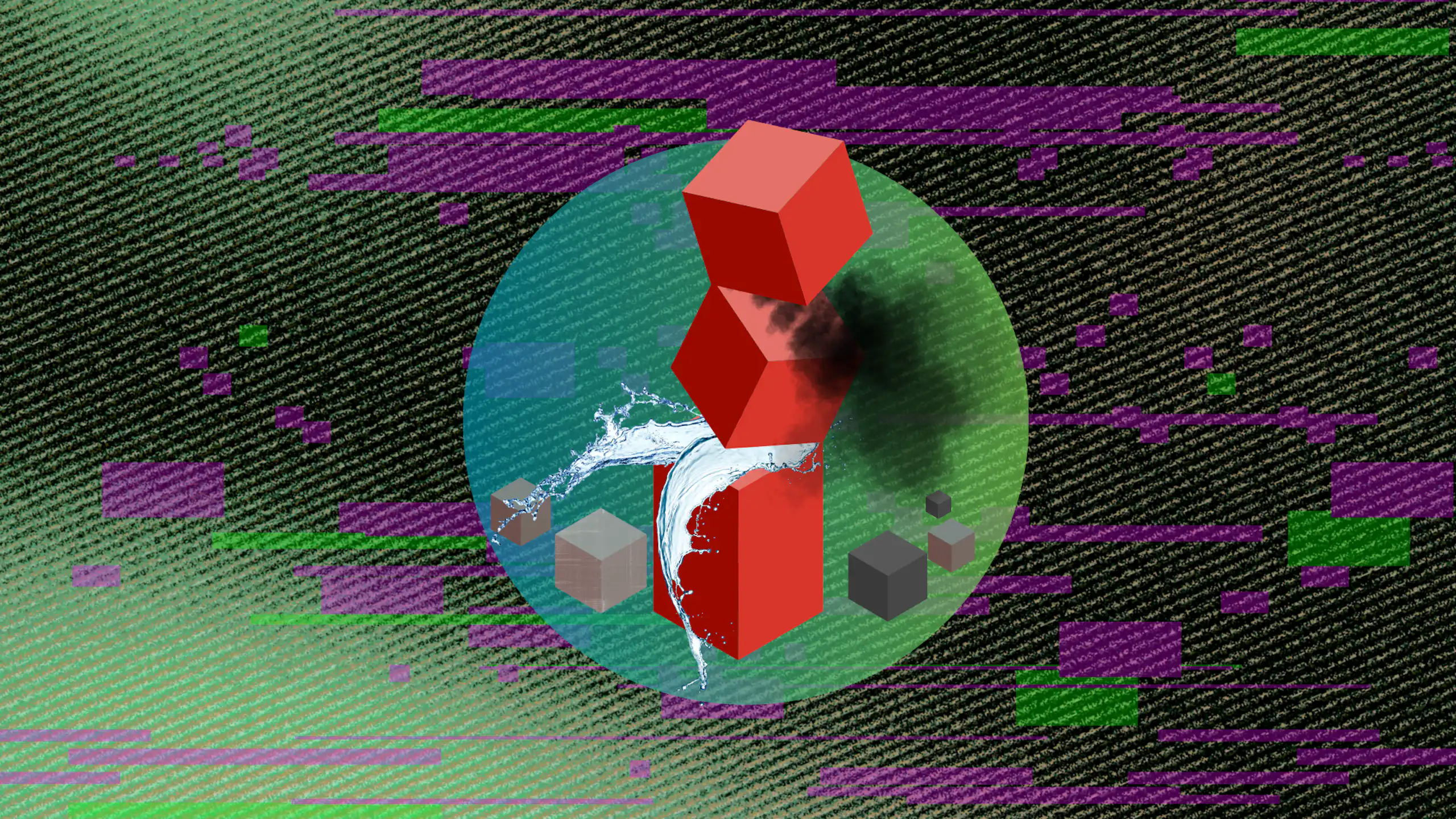 Stacked 3D blocks with water and smoke coming out the edges