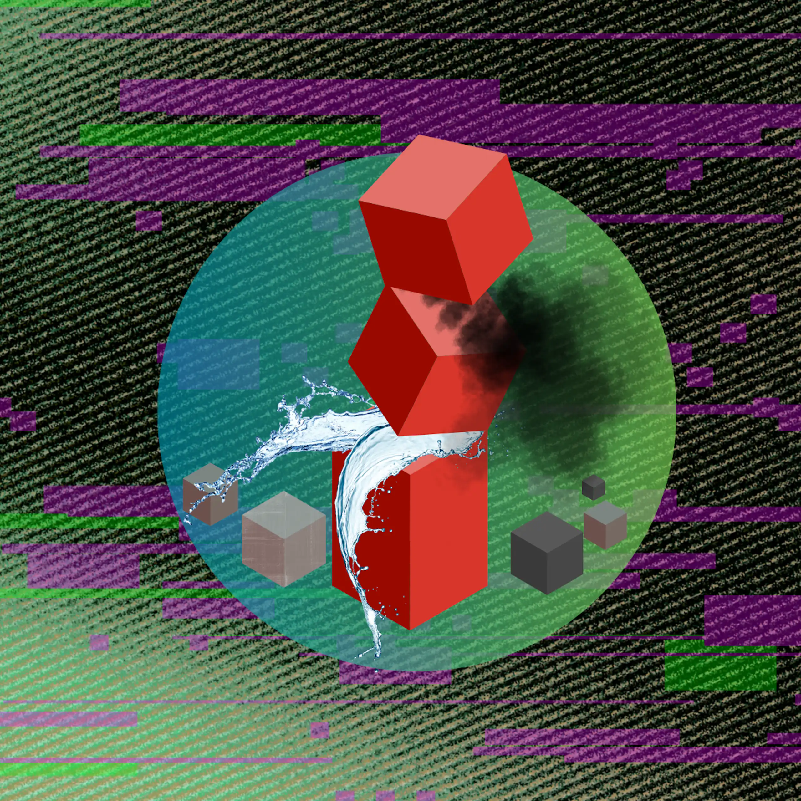 Stacked 3D blocks with water and smoke coming out the edges