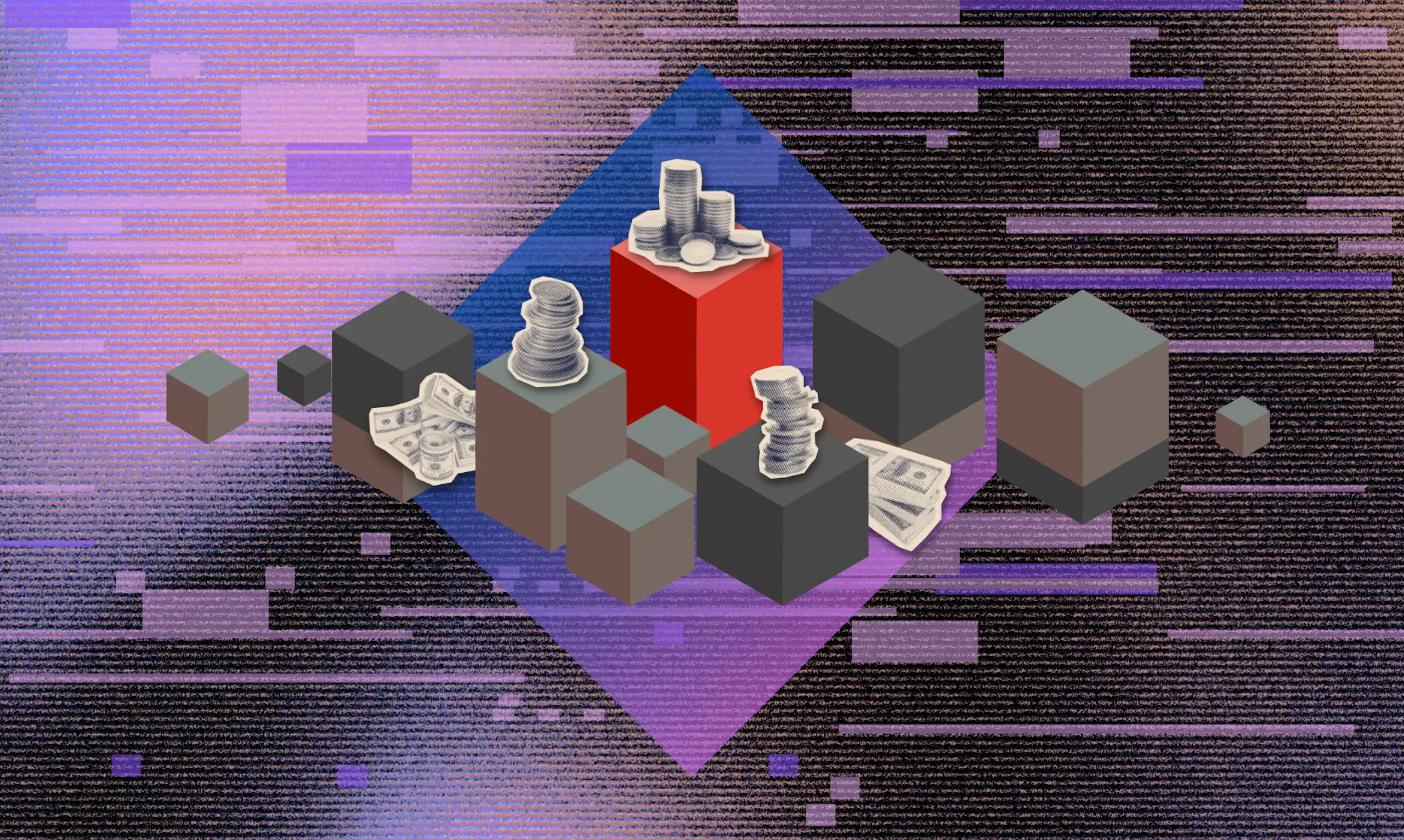 3D blocks with stacks of money on a textured background