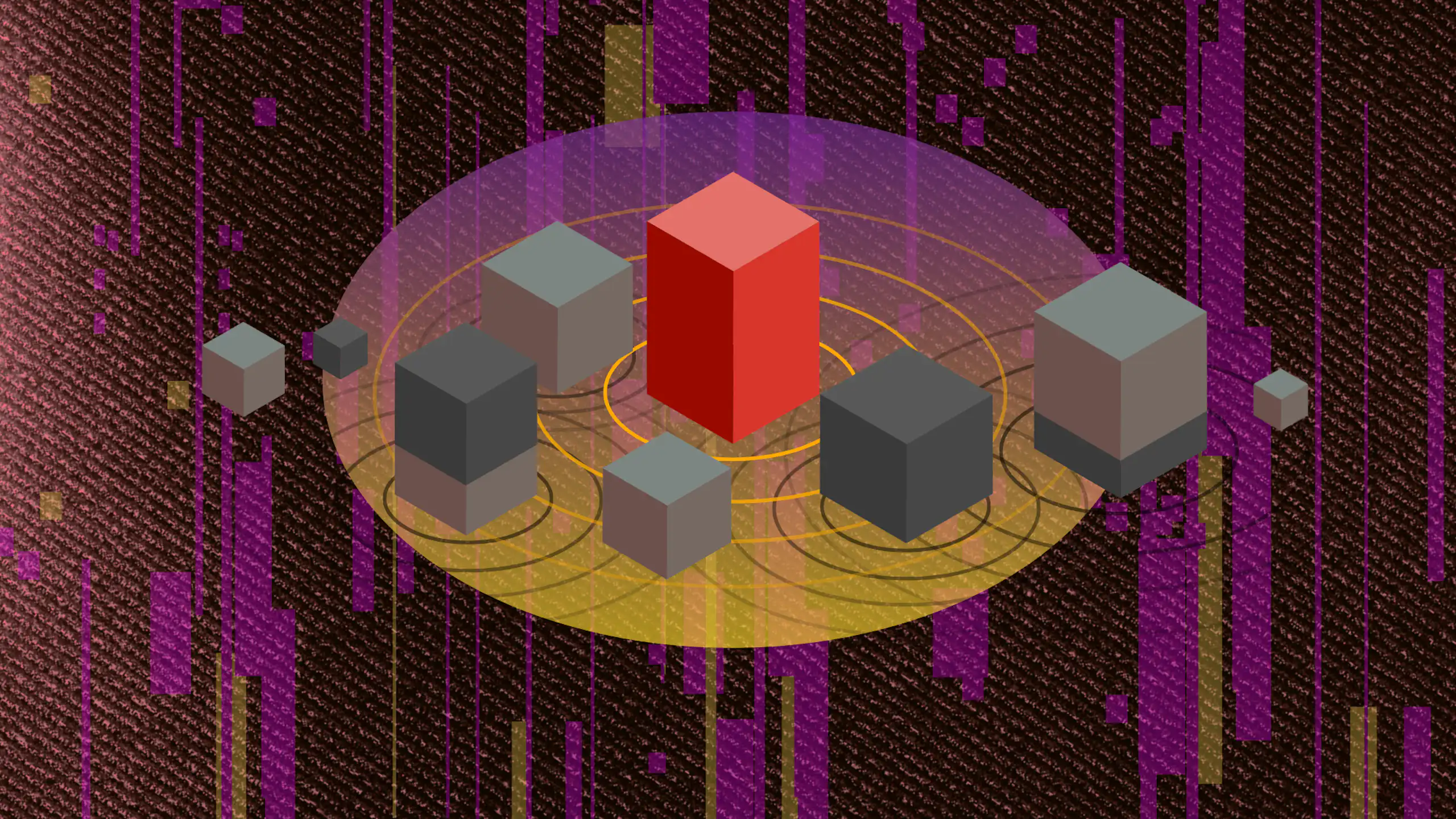 3D blocks with concentric circles at the base on a textured background