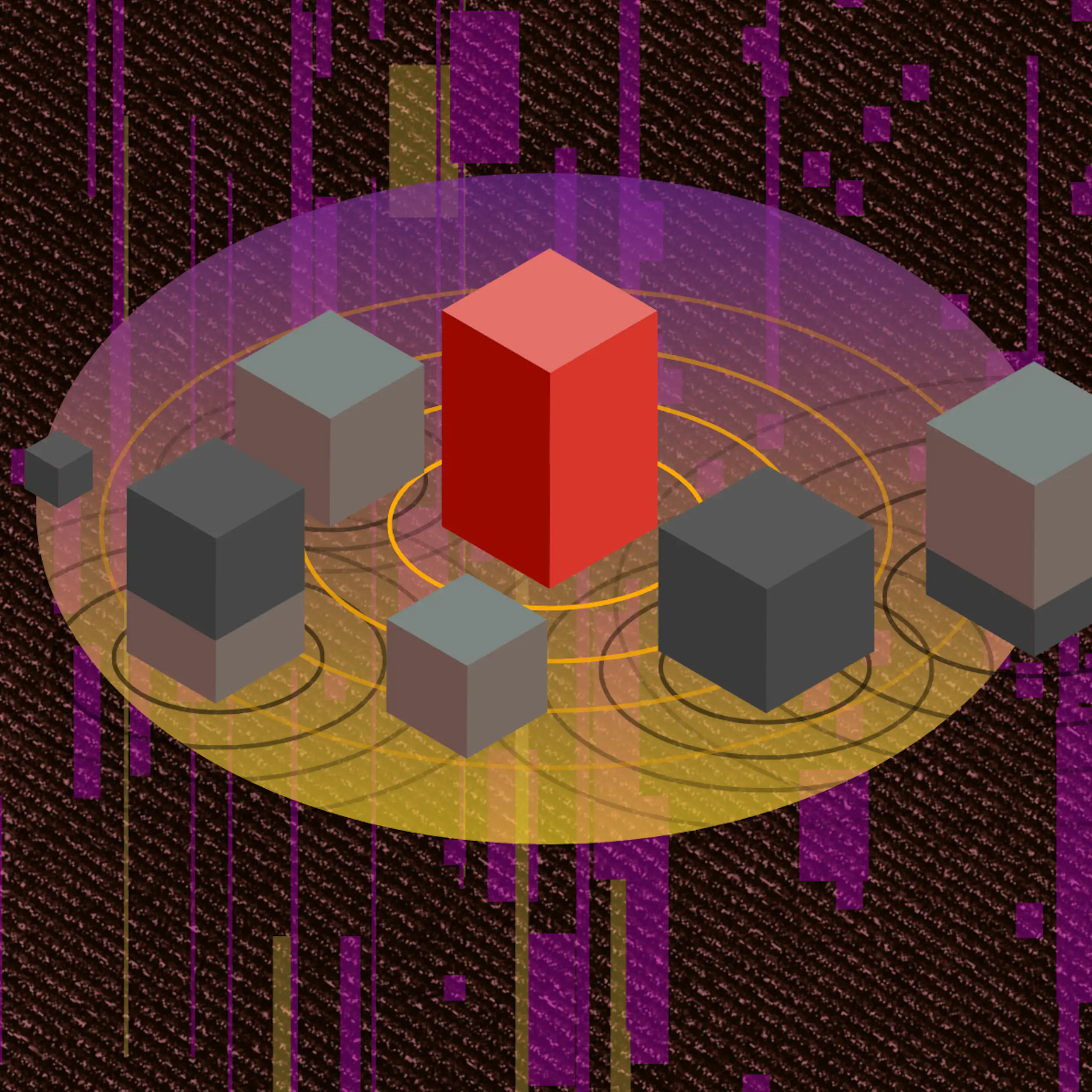 3D blocks with concentric circles at the base on a textured background