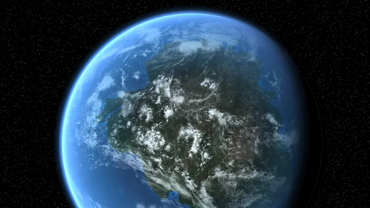 An illustration of a planet, featuring one large continent surrounded by ocean.