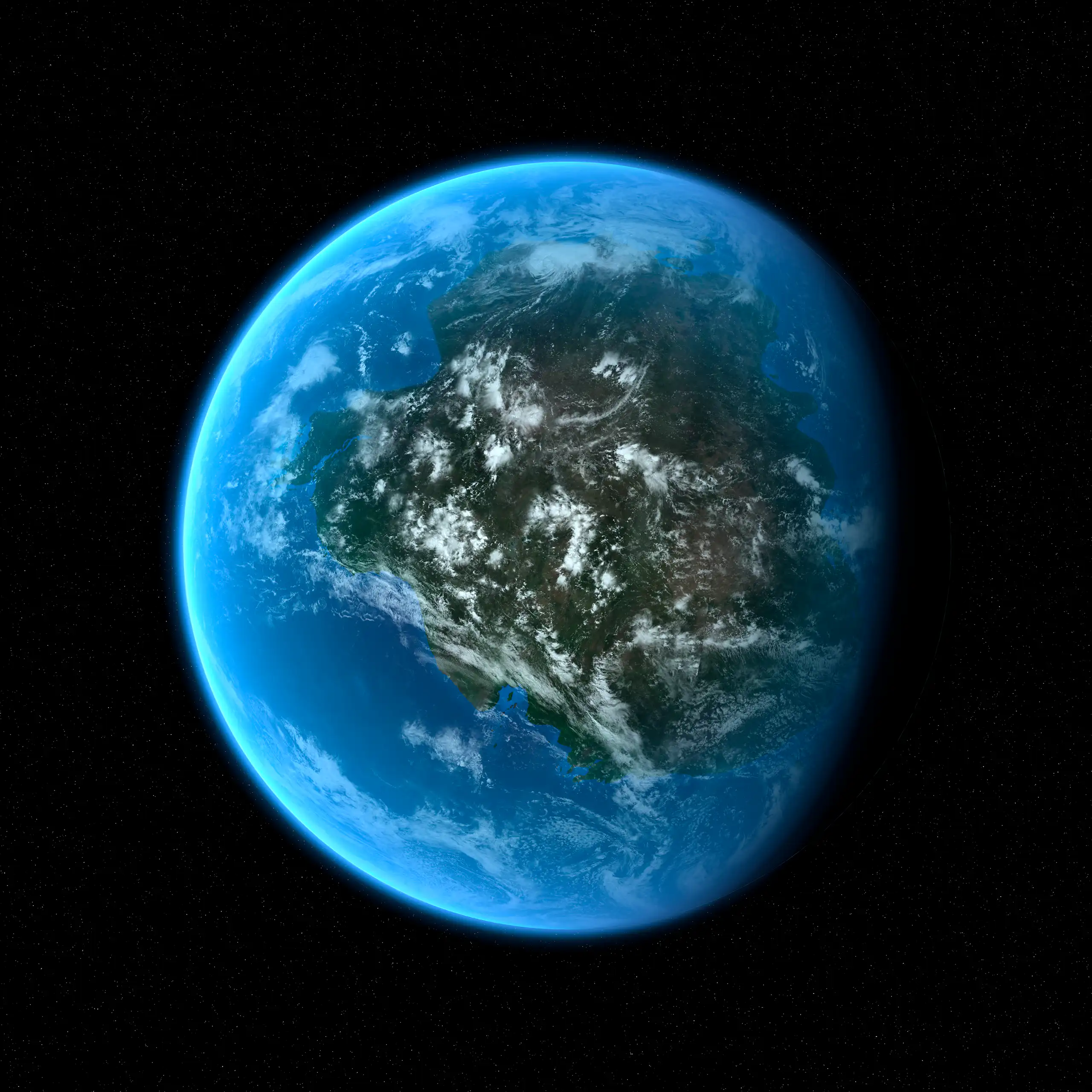 An illustration of a planet, featuring one large continent surrounded by ocean.
