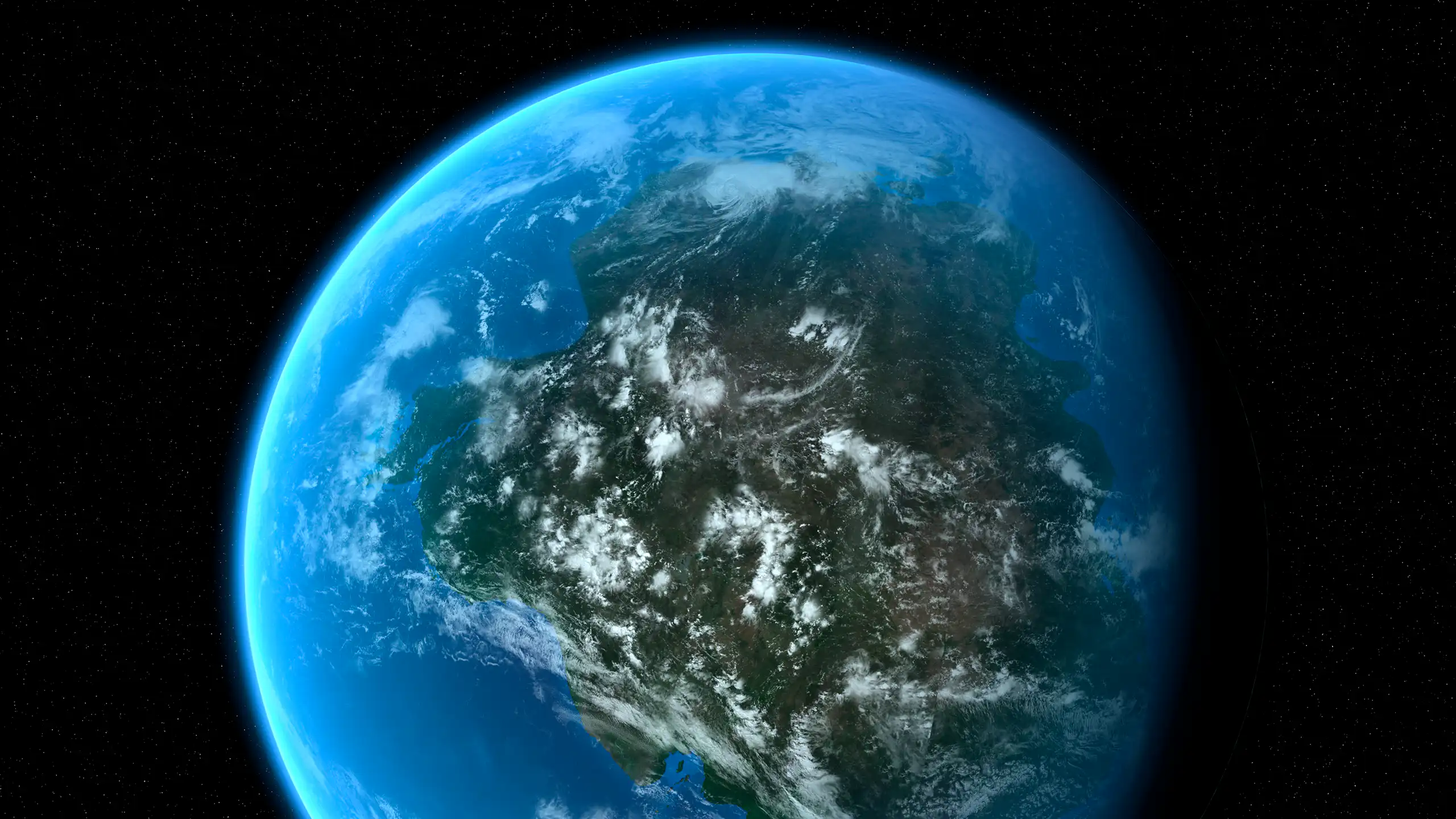An illustration of a planet, featuring one large continent surrounded by ocean.