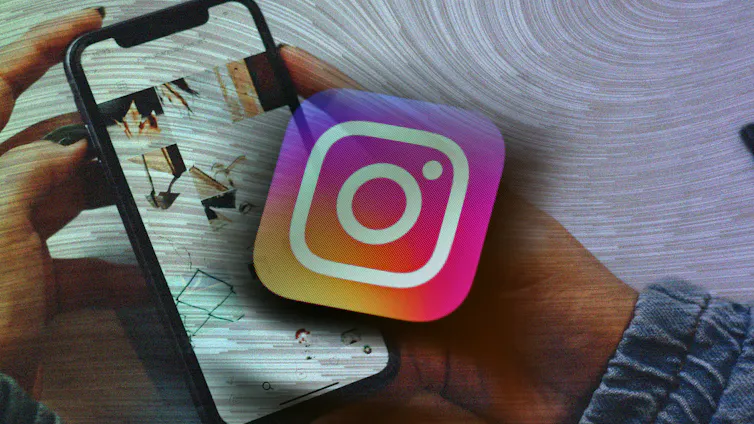 A collage overlaying the instagram logo on a person's hand holding a phone with an instagram feed.