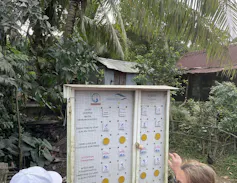 A noticeboard with hand drawn pictures and writing in an open area near tropical trees.