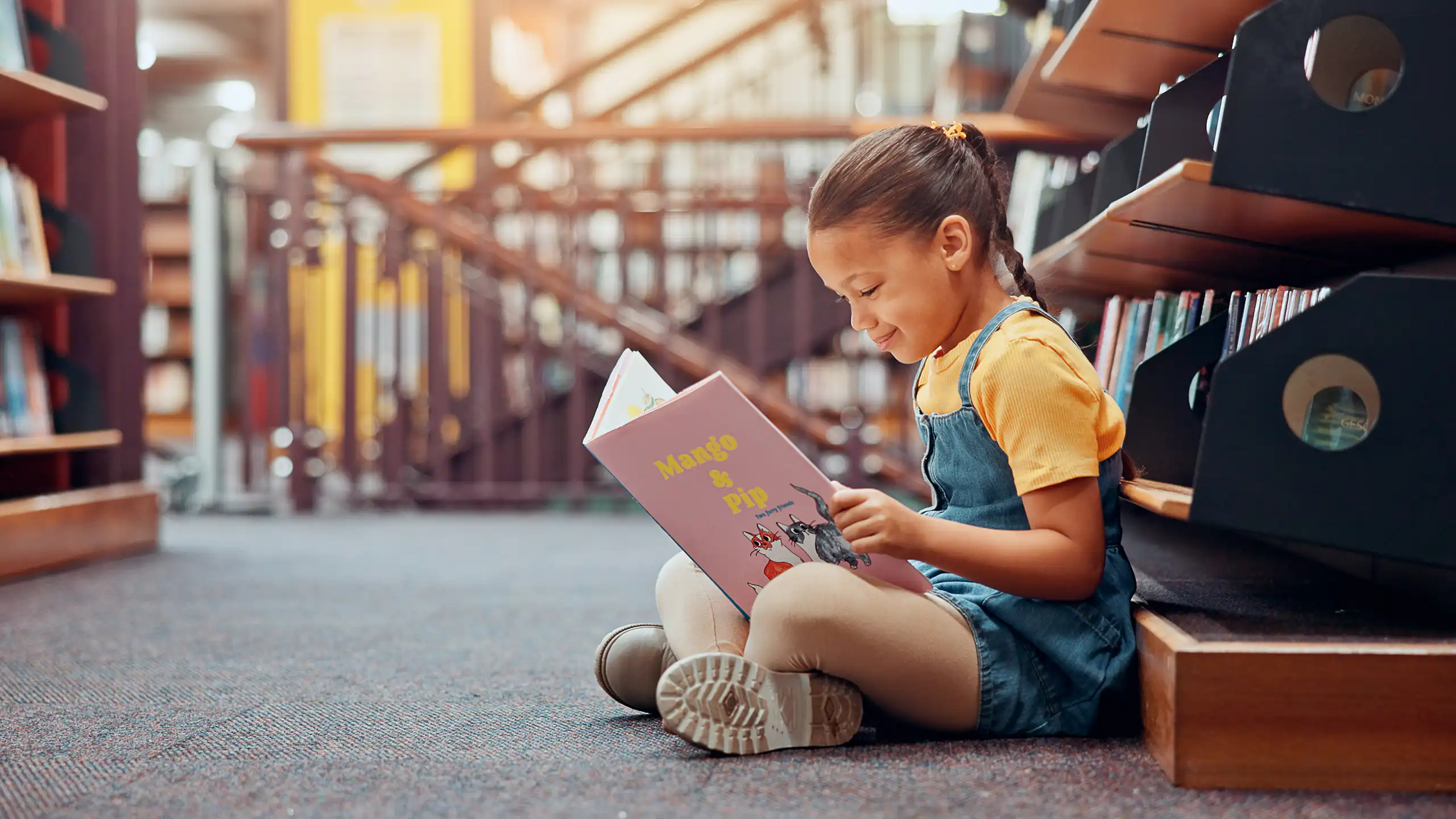 Una nena llig un llibre asseguda a terra.