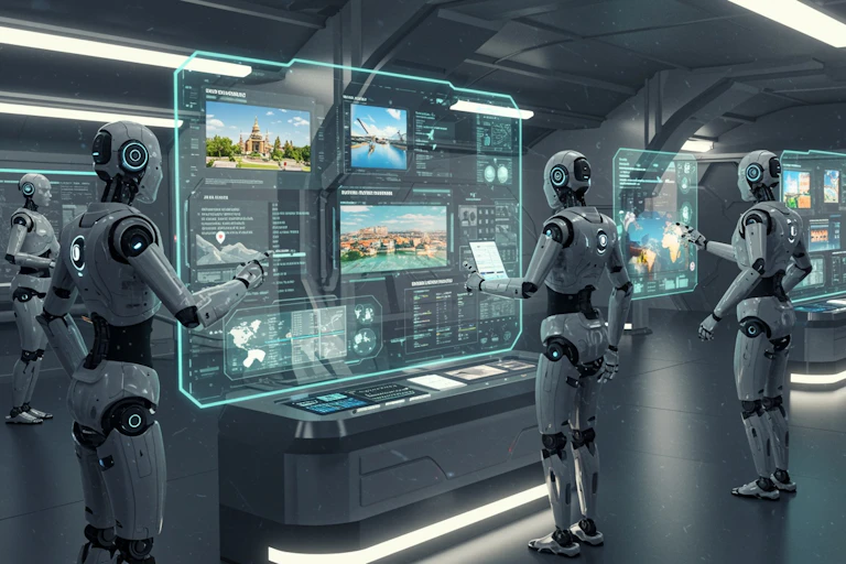 Robots in space age environment making travel bookings