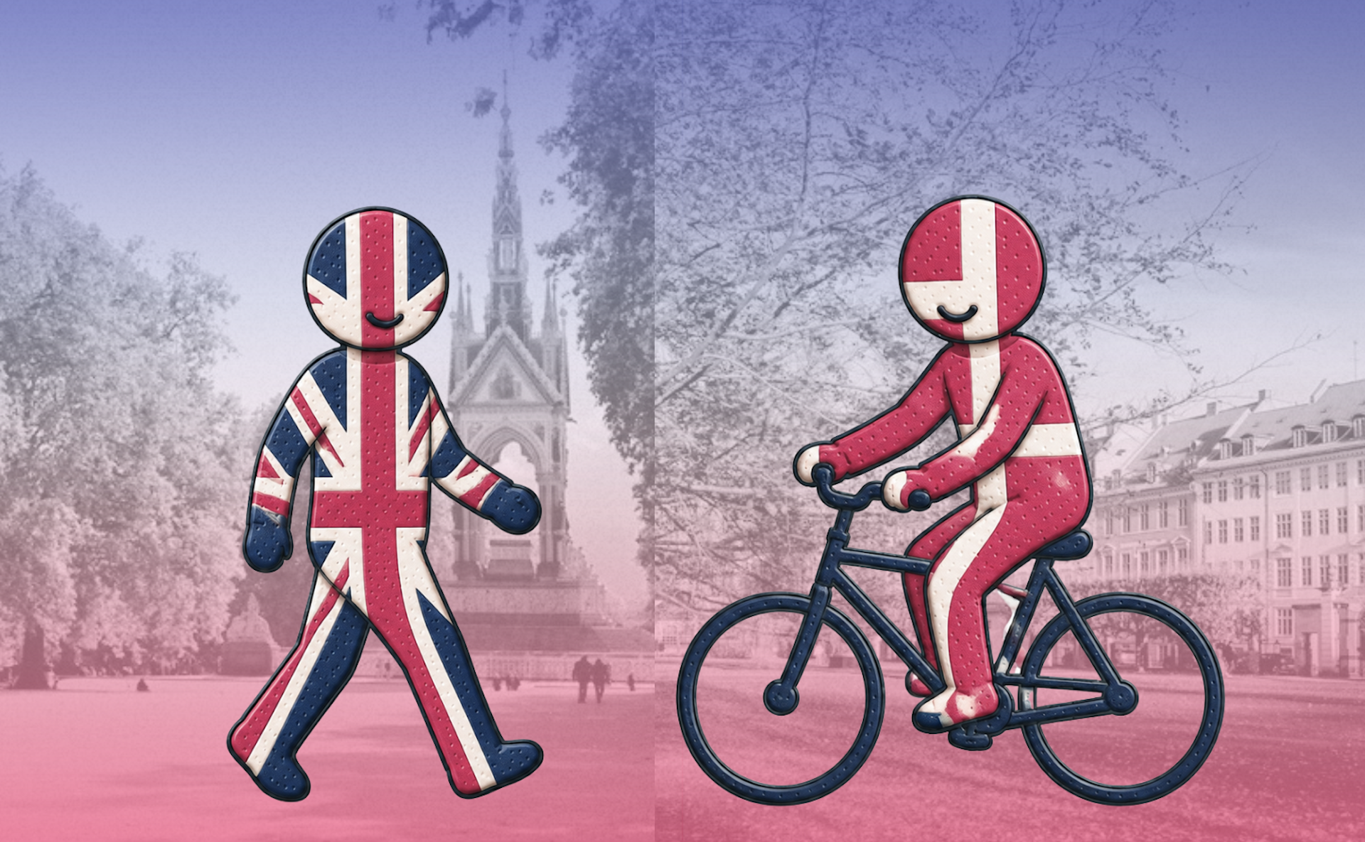 Two cartoons, a danish person and a British person side by side.