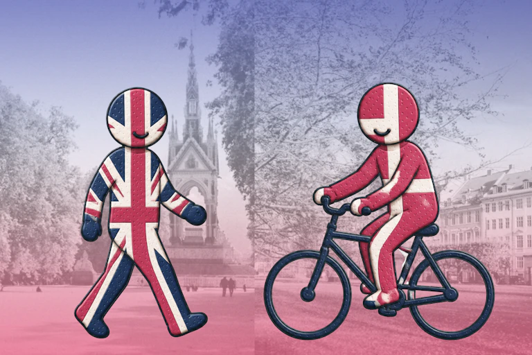 Two cartoons, a danish person and a British person side by side.