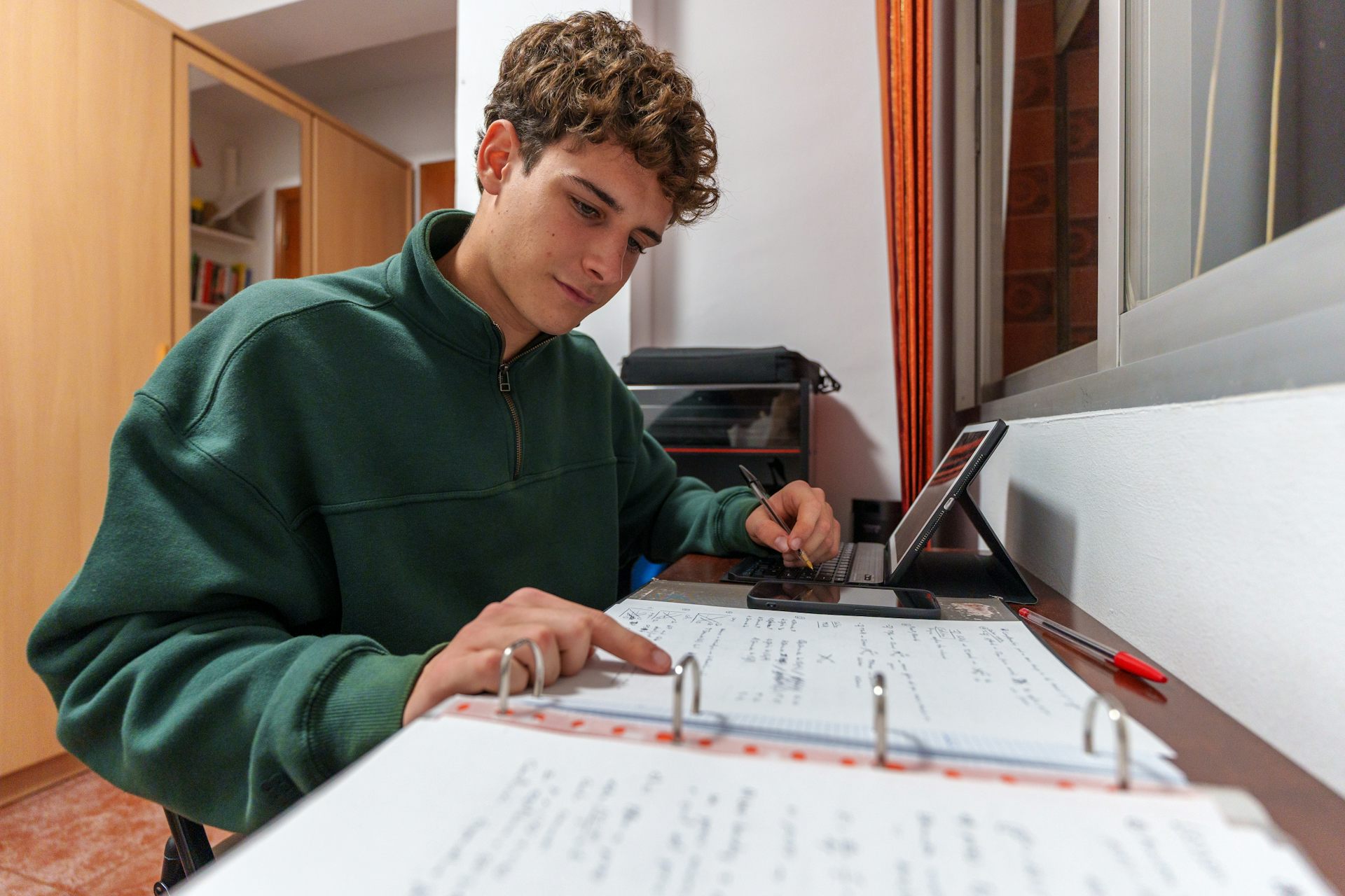 Teenage boy studying at home