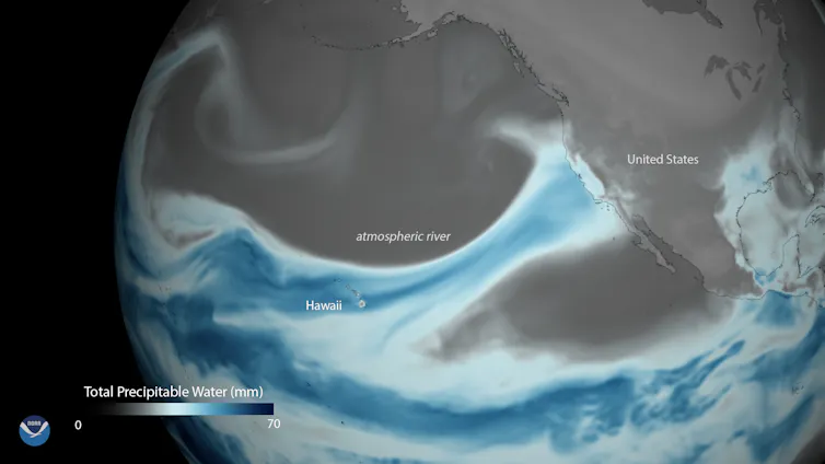 A band of water curves up from the tropical moisture around the equator to douse the California coast.