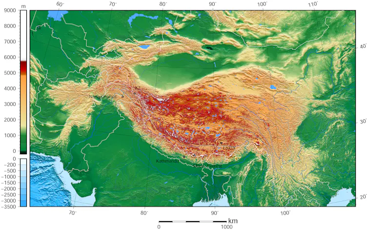 A map shows a large area largely in China at a high elevation.