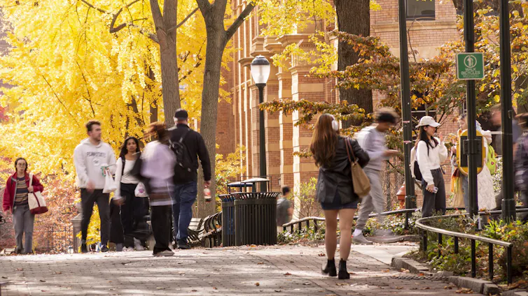 Students mill about on a campus with fall foliage.