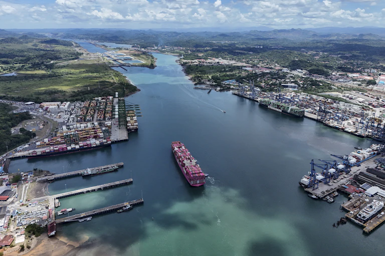 A aerial view of a ship on the Panama Canal