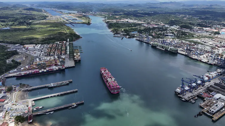 A aerial view of a ship on the Panama Canal