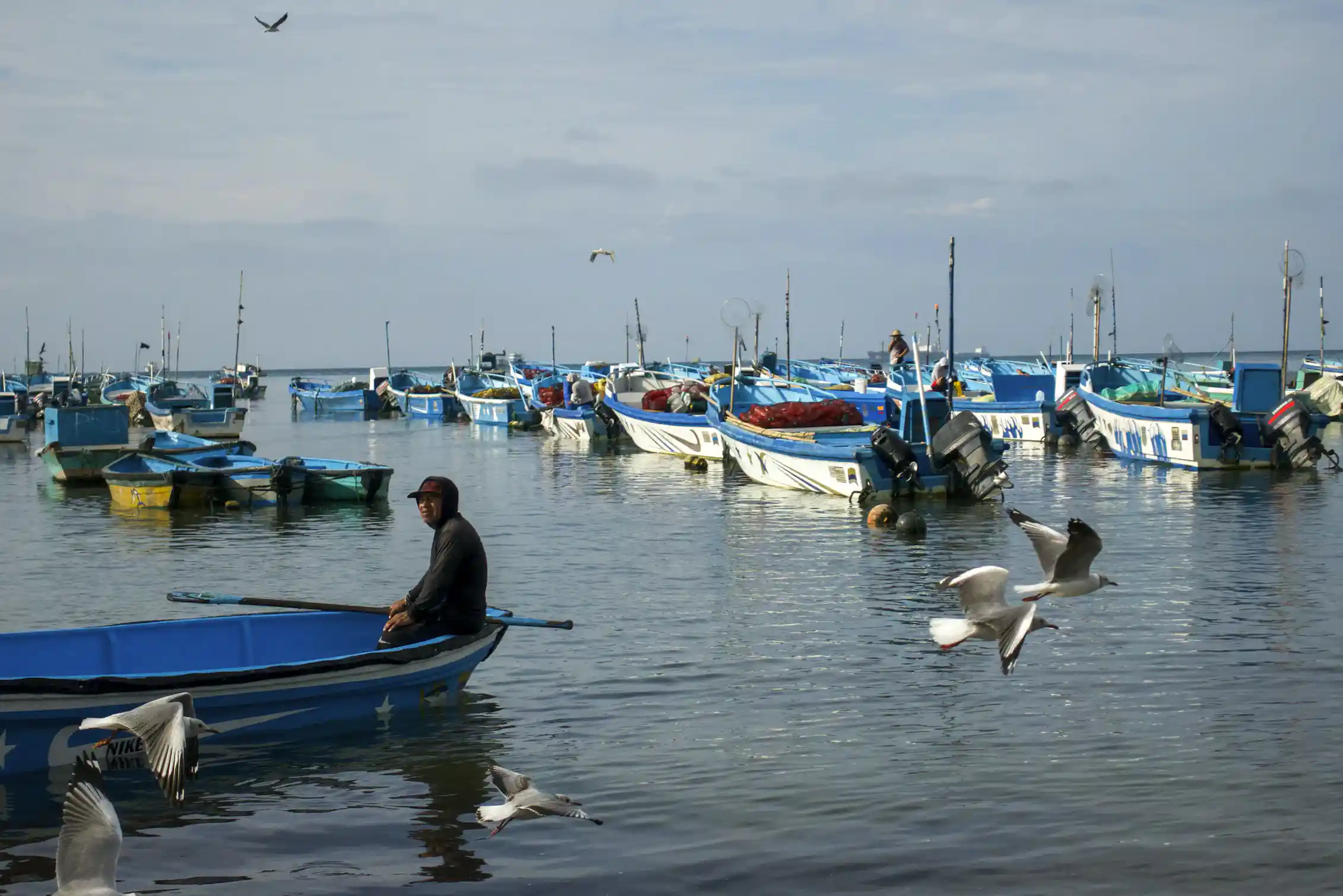 Fishermen in small boats in a harbor.