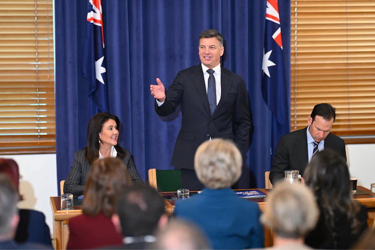 Australian Opposition Leader Angus Taylor addresses a joint party room.