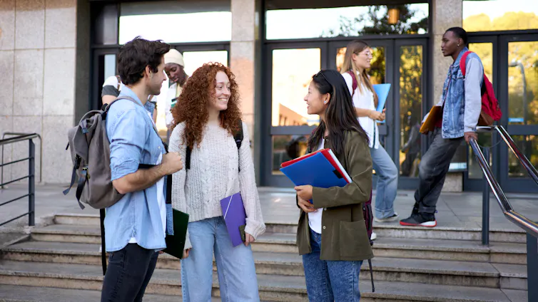 A group of students hanging out after a university class.