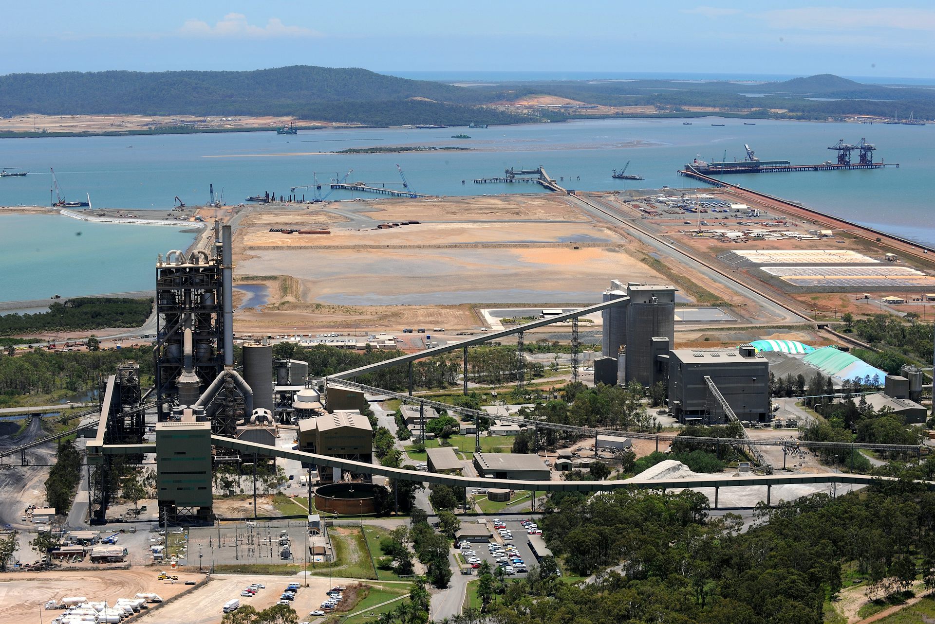 cranes and construction, gas plant on island.