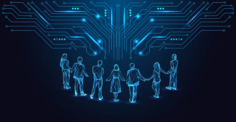 Futuristic illustration of glowing digital people connected to a circuit system.