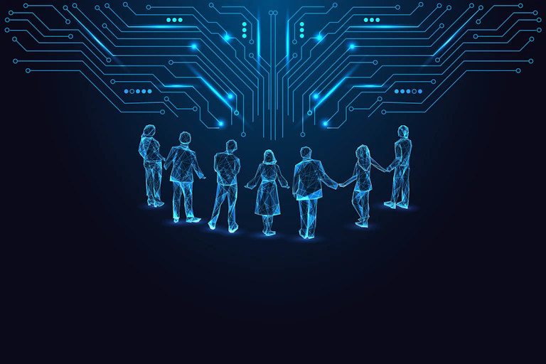 Futuristic illustration of glowing digital people connected to a circuit system.